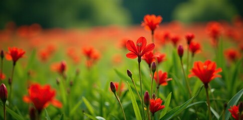 Obraz premium Red alstroemeria in a field of greenery and foliage, alstroemeria, field, flowers