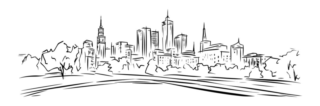 sketch of Warsaw city center in Poland, skyscrapers center hand sketch black decorative vector