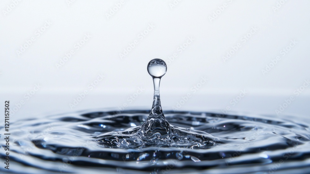 Poster a solitary droplet forms and splashes upon a smooth white surface, sending out mesmerizing ripples. 