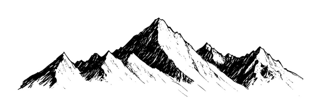 majestic mountain range ink drawn sketch, jagged irregular lines black vector ornate