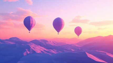 Obraz premium Three Hot Air Balloons Soar Over Pink Sunset Mountains