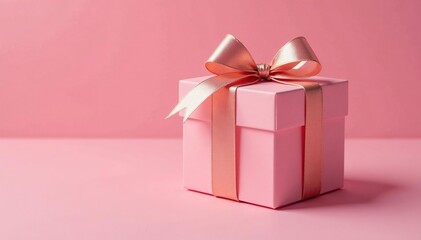Fototapeta premium Rose gold bow tied around a small pink gift box, bows, luxury