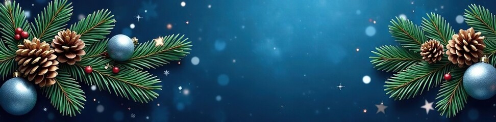 Sparkling garland of pinecones and silver balls against a dark blue background with subtle snowflakes, blue, frosty