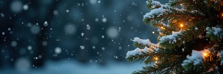 Obraz premium Winter snowflakes gently fall on a decorated Christmas tree, snow, snowfall