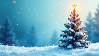 Obraz premium Watercolour wash of a Christmas tree against a blue background, Soft Focus, Frosty Mornings