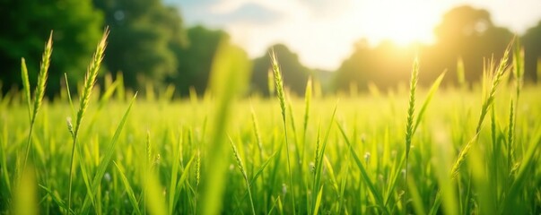 A sunny meadow with tall grasses swaying in the breeze, natural scenery, serene landscape