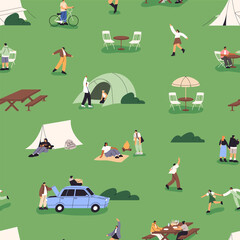 Repeatable pattern of festive camp in park. Endless background with people relaxing in nature with tents, picnic tables in summer. Campsite of fest, holiday event. Flat seamless vector illustration