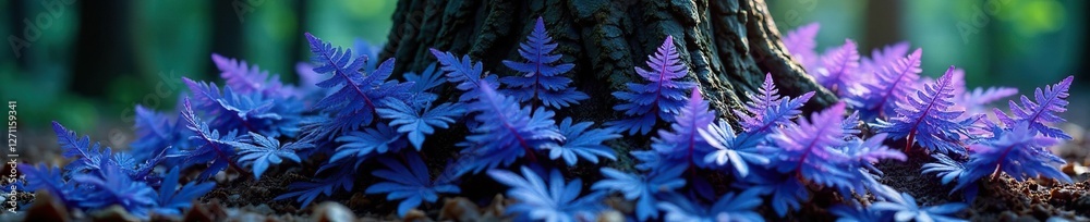 Canvas Prints a stunning array of blue-violet ferns clustered around a tree trunk, nature, natural