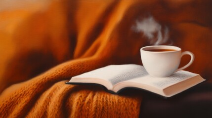 A steaming cup of tea sits atop an open book on a cozy, textured orange blanket, creating a warm atmosphere