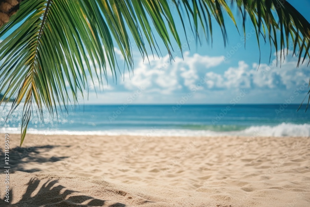 Aufkleber A serene coastal scene with a palm tree providing shade and a glimpse into the ocean beyond