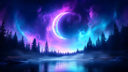 Naklejka premium Crescent moon above a tranquil forest lake with ethereal aurora and light reflection