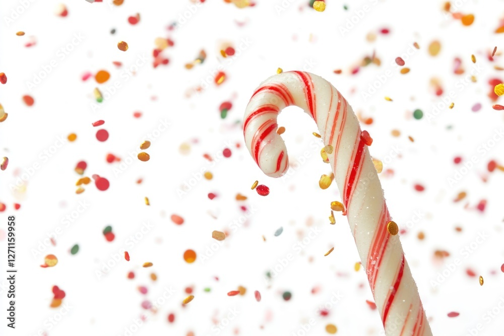 Poster a colorful scene with a candy cane floating in the air surrounded by confetti