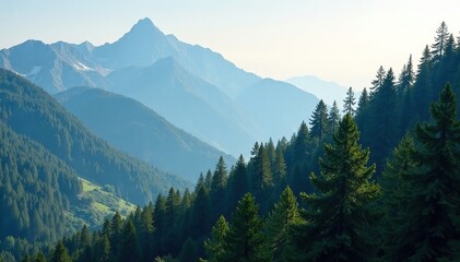 Dense forest on the mountain slope with pine trees, forest, mountainous