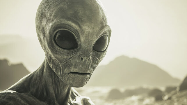 Alien with moon planet in background - Extraterrestrial, space travel and civilization concept - Model by AI generative