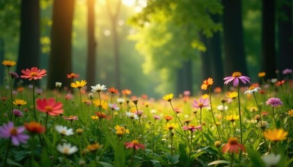 Obraz premium Wildflowers sway gently in the breeze amidst tall trees, forest flowers, sunny landscape