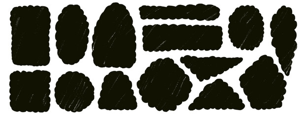 Scallop callout shapes. Text boxes frames set. Oval, circle and rectangle figures. Vector hand drawn quotation stickers shapes. Flat geometric wobbly edged figures collection illustration isolated.