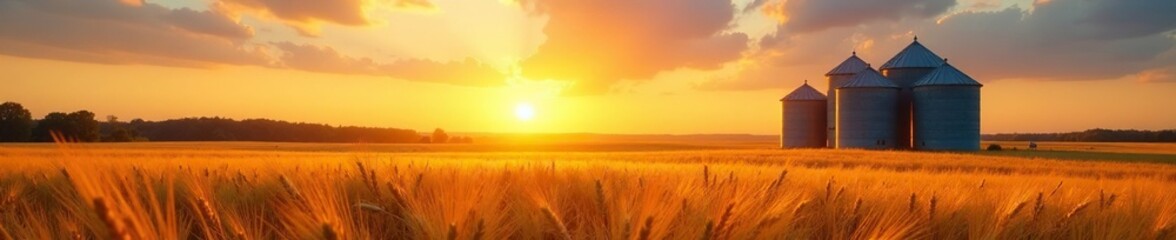 Obraz premium Wheat sways gently in the fading light as three silos rise above, silo, sun