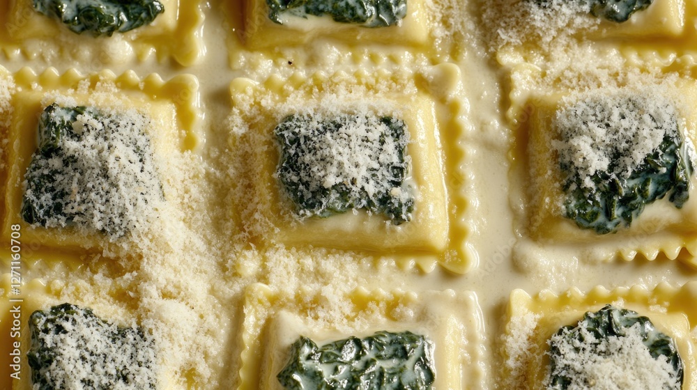 Poster close-up shot of a tray of ravioli filled with cheese and spinach