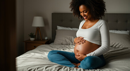 Pregnant woman relaxing on bed with belly touch, maternity and peaceful moment at home. Expectant mother, comfort and self care with pregnancy glow, wellness and motherhood
