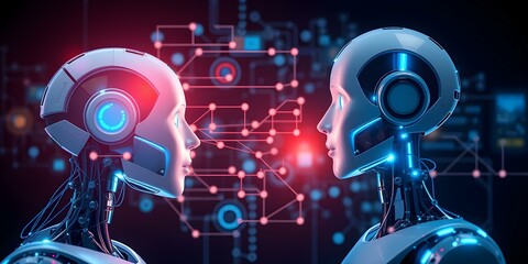 Futuristic AI Dialogue: Two sleek, modern robots engage in a silent dialogue, their faces illuminated by an internal glow, set against a backdrop of intricate digital circuitry and connections.