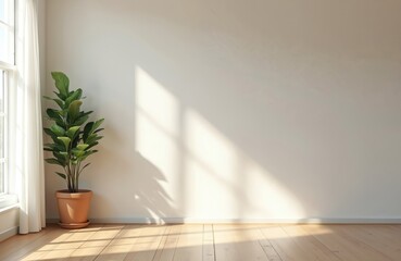 Room background with plant mockup set against clean white wall. Rustic details. Modern interior design, wooden floor. Empty blank space for product presentation, decoration. Sunlight, shadows from