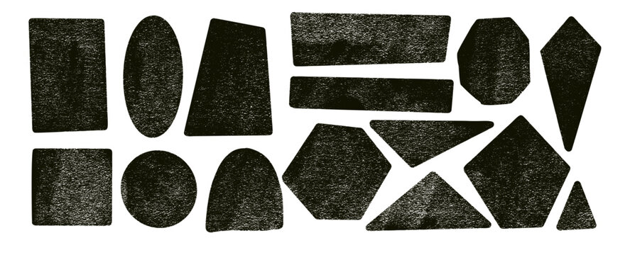 Ink lino rolled geometric shapes with noise set. Text boxes grainy textured frames pack. Rhombus, pentagon with hexagon, octagon. Vector hand drawn quotation stickers shapes. Grunge geometric figures.