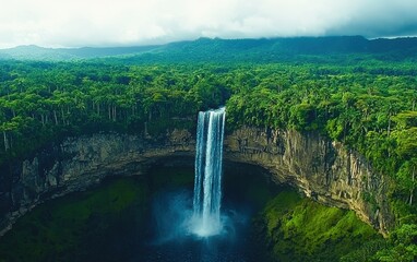 A drone shot of a powerful waterfall surrounded by a dense rainforest