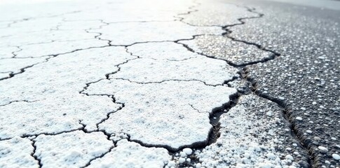 Obraz premium White surface with a dark asphalt road and numerous cracks, bleakness, road