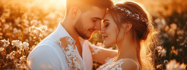 Romantic young couple in love, faces close together, smiling tenderly against a backdrop of blooming spring flowers and golden sunset light, capturing warmth, affection, and intimacy.