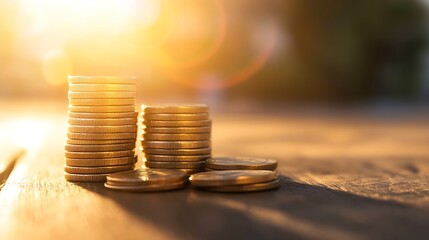 Stacks of golden coins glistening in warm sunlight on a rustic wooden surface : Generative AI