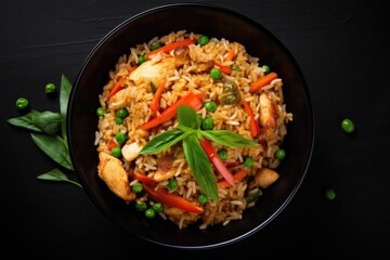 Top view of Szechuan Rice in a black bowl with bell peppers green beans carrots and chicken breasts on a dark slate background