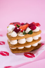 Heart shaped cookies. Cake with strawberries and cream 