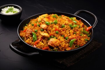 Fototapeta premium Top view of Szechuan Rice in a black bowl with bell peppers green beans carrots and chicken breasts on a dark slate background
