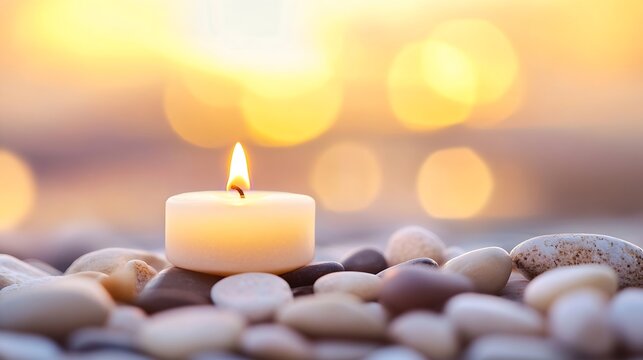 Delicate white candle softly glowing amidst a collection of smooth stones by the shore : Generative AI