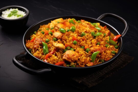Top view of Szechuan Rice in a black bowl with bell peppers green beans carrots and chicken breasts on a dark slate background