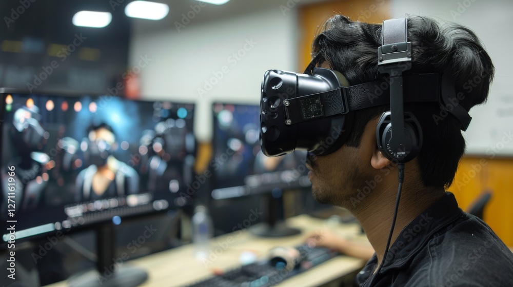 Poster A person is immersed in a virtual reality experience while sitting at a desk in a computer lab at a university. Multiple monitors display engaging graphics.