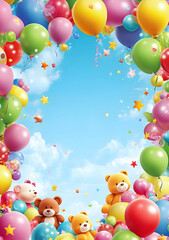Colorful balloons and teddy bears create a festive atmosphere against a bright sky.