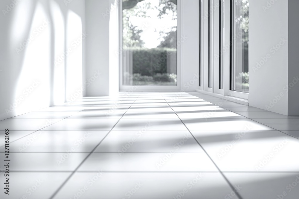 Poster a room with a white tiled floor and large windows
