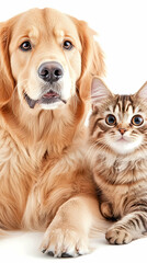 Fototapeta premium Dog and cat are posing together in a studio on white background. Pets content