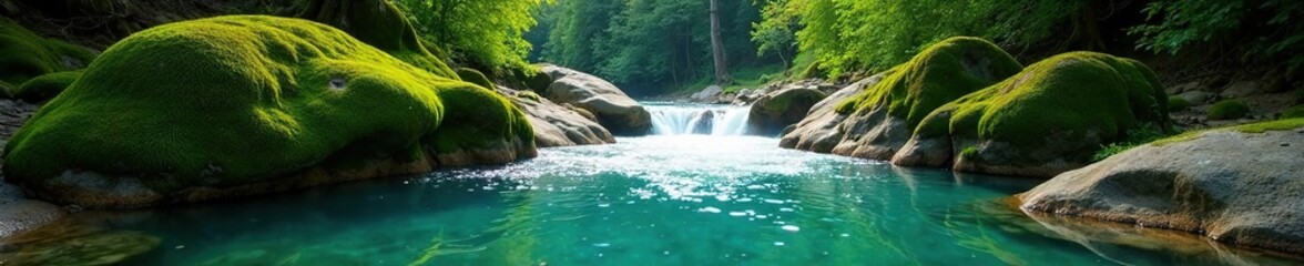 Fototapeta premium Sparkling turquoise water flows gently over mossy rocks in a serene green valley, nature, green