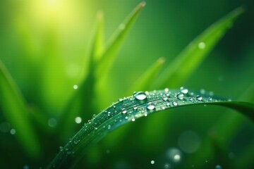 Sparkling drops on the surface of green blades, sparkling, morning