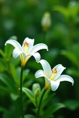 White lily flowers sway in the breeze amidst green foliage, peaceful, garden