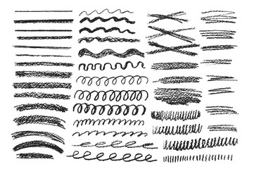 Charcoal underline set. Pencil scribble lines pack. Chalk doodle rough strokes. Grunge uneven elements. Crayon emphasis shapes. Vector hand drawn collection illustration isolated on white background.