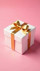 Obraz premium White gift box with golden ribbon on a pink background with shadows, gift wrapping, pink background, ribbon