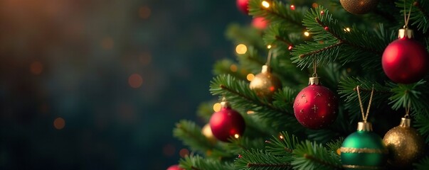 Fototapeta premium Evergreen tree with colorful ornaments scattered around branches, wooden ornaments, holiday ornaments, Christmas tree lights