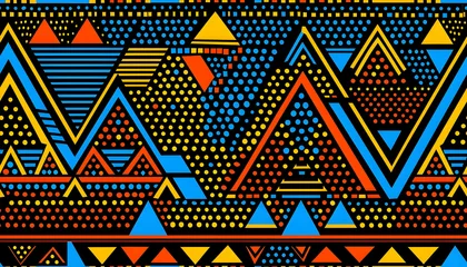 Stickers  Colorful geometric pattern featuring triangles and dots in vibrant colors on a black background.  © IvanEsia