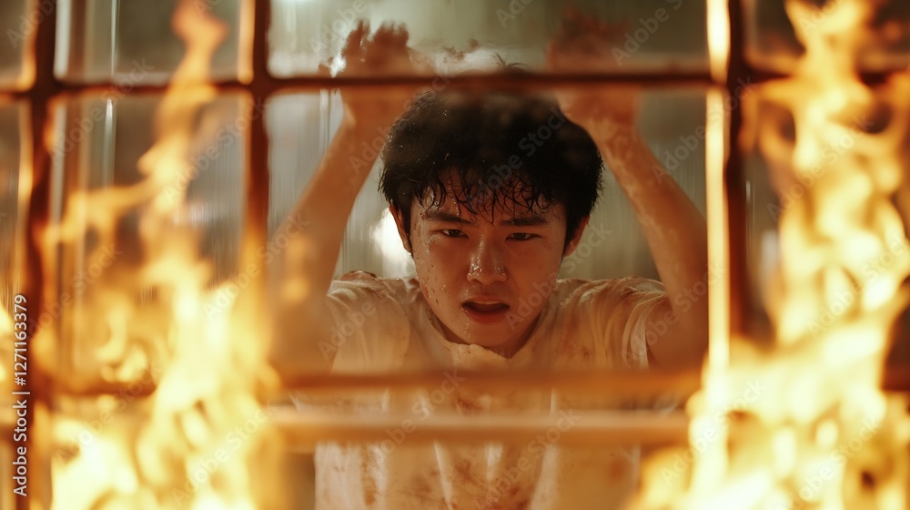 Poster a young man struggles to escape from a room engulfed in flames while displaying intense emotion and 