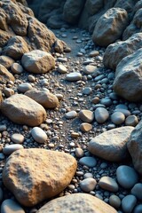 Rocky terrain with scattered boulders and pebbles, geological features, pebble, boulder