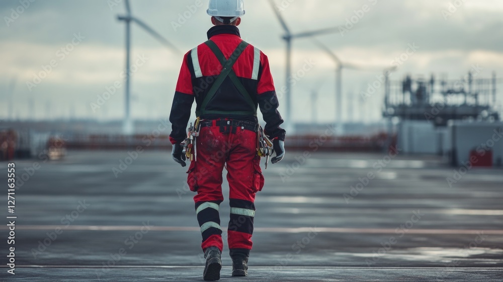 Poster a worker in a red and black uniform with a hard hat, ready for construction or industrial tasks