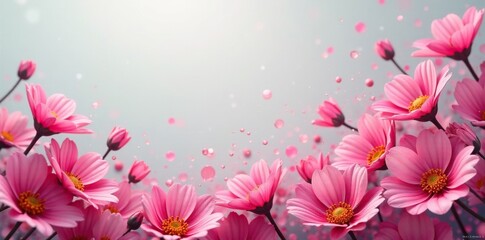 Fototapeta premium Pink glitter bursts forth from a burst of colorful flowers against a neutral gray background, background, pink, flowers